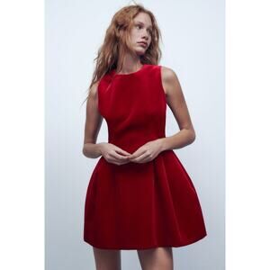 Zara Red Holiday Christmas VOLUMINOUS‎ VELVET DRESS Size L